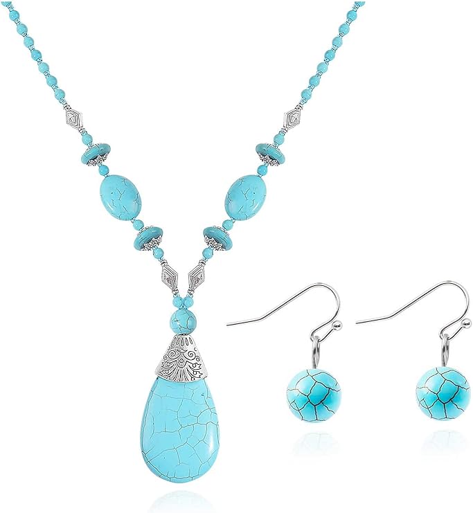 2 件绿松石项链耳环绿松石吊坠项链女士绿松石珠宝套装